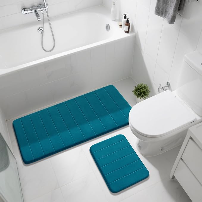 Yimobra Large Bath Mat Set 2 Piece- Super Soft Absorbent Quick Dry Memory Foam Bathroom Rugs, Machine Washable Non Slip Floor Carpet for Tub Shower & Double Vanity (17x24 & 44x24, Peacock Blue)