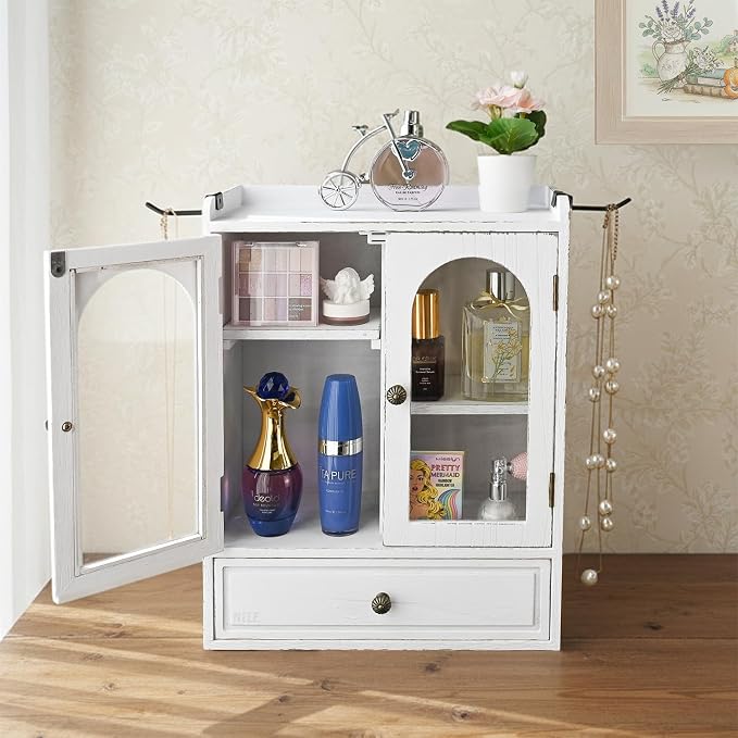 Ikee Design Wooden Countertop Storage Cabinet with Magnetic Door, Adjustable Shelves, Removable Hooks and Drawer for Perfume, Makeup, Pantry, Antique White, 12.2 W x 6 D x 15.7 H in