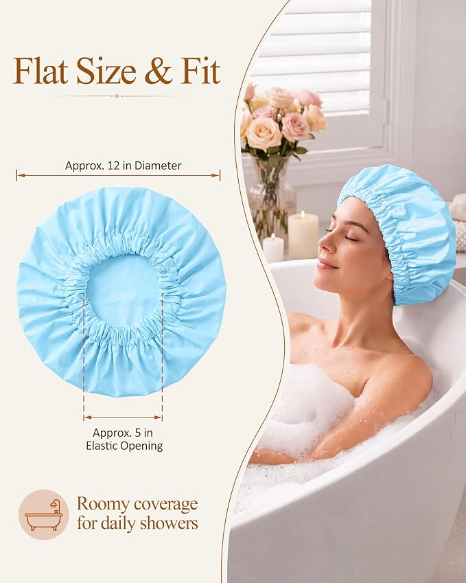 Edoneery Shower Caps for Women Reusable Waterproof, Shower Hair Cap | Washable Bonnet, Wide Elastic Band, Large Fit, Holds Long Hair, Braids Friendly, Bath Accessories, Spa, Travel