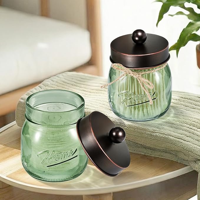 SheeChung 2 Pack Green Glass Mason Jar Qtip Holder Dispenser with ORB Lids | Apothecary Jar Canisters Set,Stainless Steel Lids,Small Bathroom Jars,Vanity Storage Organizer for Cotton Swab,Ball,Pad,Floss
