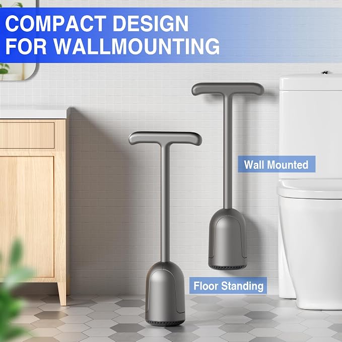 Upgraded Toilet Plunger with Holder, Wall Mounted Toilet Bowl Plunger with Hideaway Caddy, Dual Handle Plunger for Bathroom Built-in Drip Tray