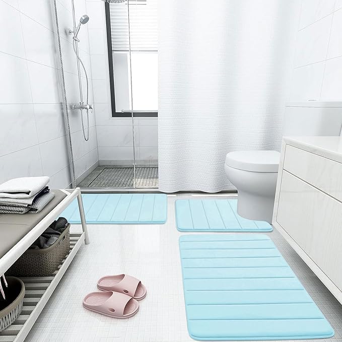 Buganda Memory Foam Bath Mat 47 x 17, Ultra Soft Absorbent Bathroom Rugs | Light Blue, Machine Washable Quick Dry Bath Mats for Bathroom Floor, Shower and Tub, Home Decor Accessories