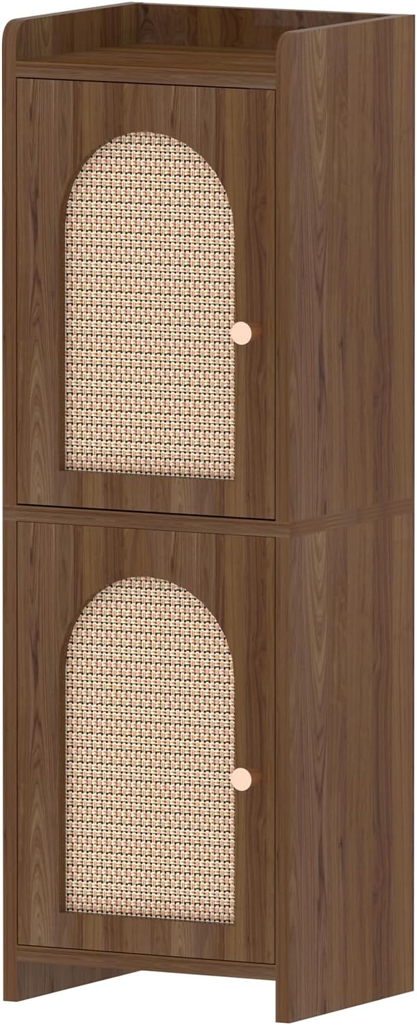 Rattan Bathroom Storage Cabinet,Corner Floor Cabinet with 2 Doors and Adjustable Shelf, Narrow Toilet Paper Cabinets with 2Hooks,Toilet Organizer for Small Spaces,7.87"D*9.84"W*29.72"H (Brown)