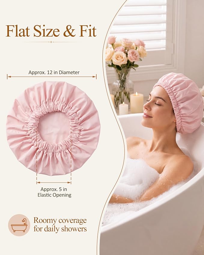 Edoneery Shower Caps for Women Reusable Waterproof, Shower Hair Cap | Washable Bonnet, Wide Elastic Band, Large Fit, Holds Long Hair, Braids Friendly, Bath Accessories, Spa, Travel