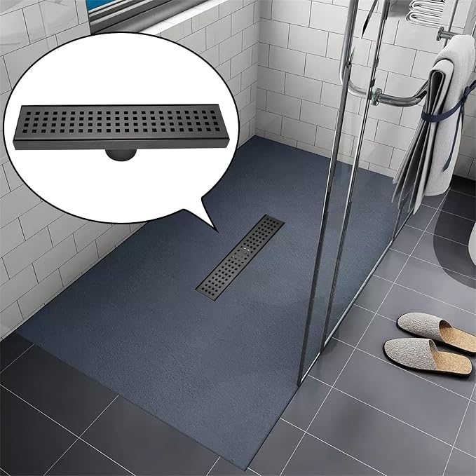12 Inch Linear Shower Drain with Accessories, Rectangular Floor Drain 304 Stainless Steel Quadrato Pattern Removable Cover Matte Black