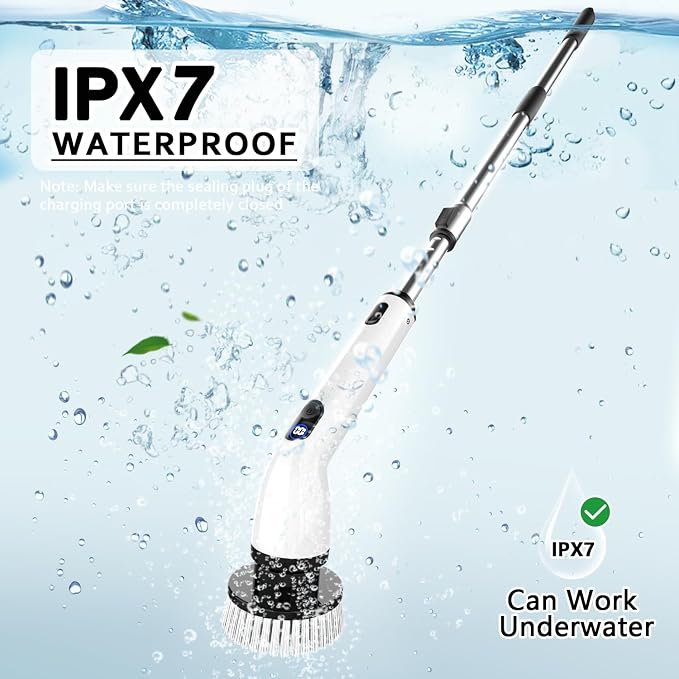 Electric Spin Scrubber,8 Replaceable Brush Heads for Home | IPX7 waterproof power scrubber with LCD display, multi heads, extendable handle, 90min runtime for bathroom kitchen glass car