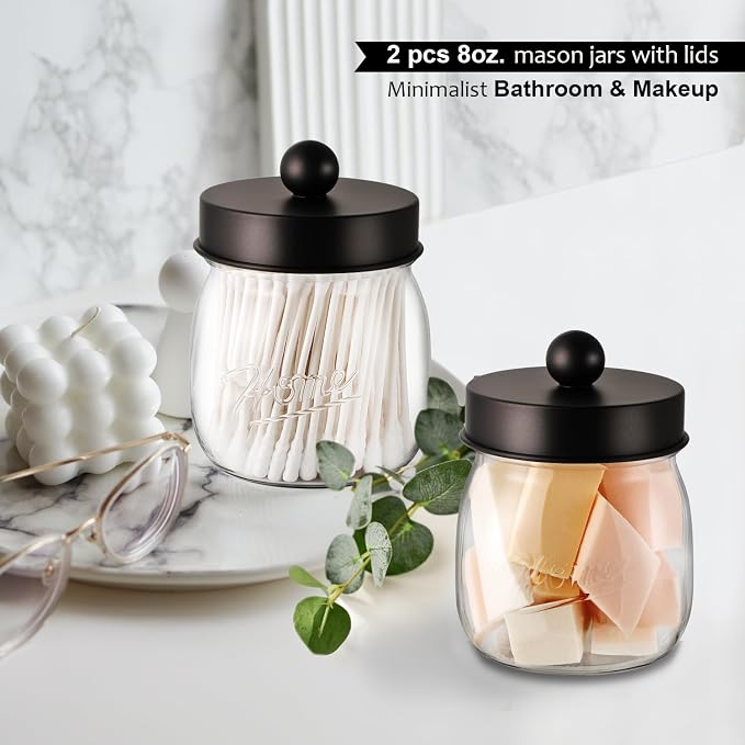 SheeChung 6 Pack Acrylic Mason Jar Qtip Holder Dispenser with Labels,Bronze | Small Plastic Apothecary Jars,Vanity Canisters for Cotton Swabs,Balls,Floss Picks,Bathroom Storage Organizers,Farmhouse Decor