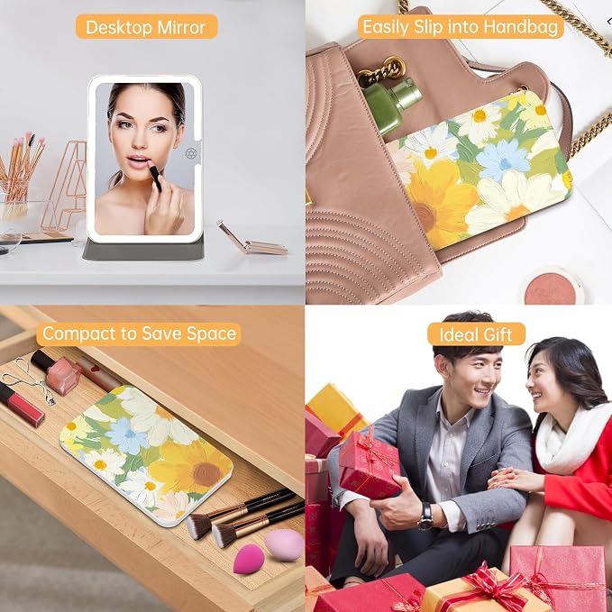 FUNTOUCH Rechargeable Travel Lighted Makeup Mirror with PU Leather Cover | Portable Travel Makeup Mirror with lights, 3 Color Lighting,Touch Dimmable, Light Up Tabletop Cosmetic Mirror Folding Flower