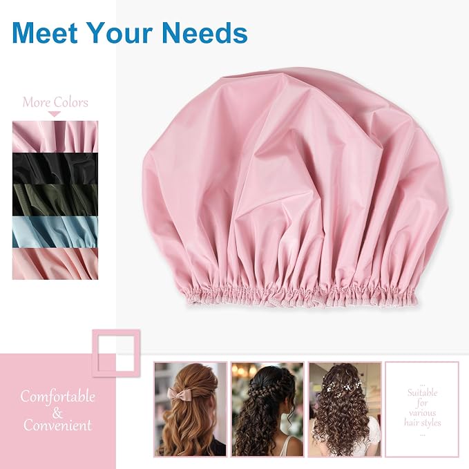 Shower Cap for Women, Large Waterproof Shower Bonnet | Double Layer, Reusable Hair Protector, Washable Large Bath Cap, Wide Elastic Band, for Long Hair, Braids - Pink