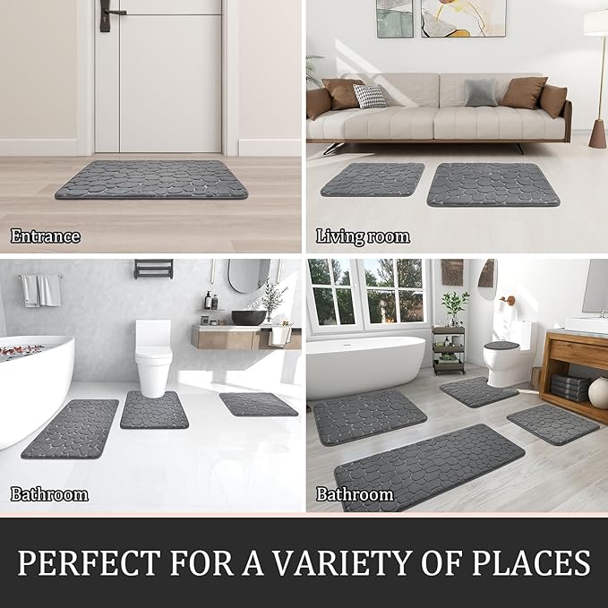 YIHOUSE Bathroom Rugs Mat Set, Memory Foam Bath Mat 3 Piece Dark Grey | U Shape+Small Mat, Non Slip, Water Absorbent, Washable, Bath Mat For Bathroom, Sink and Toilet