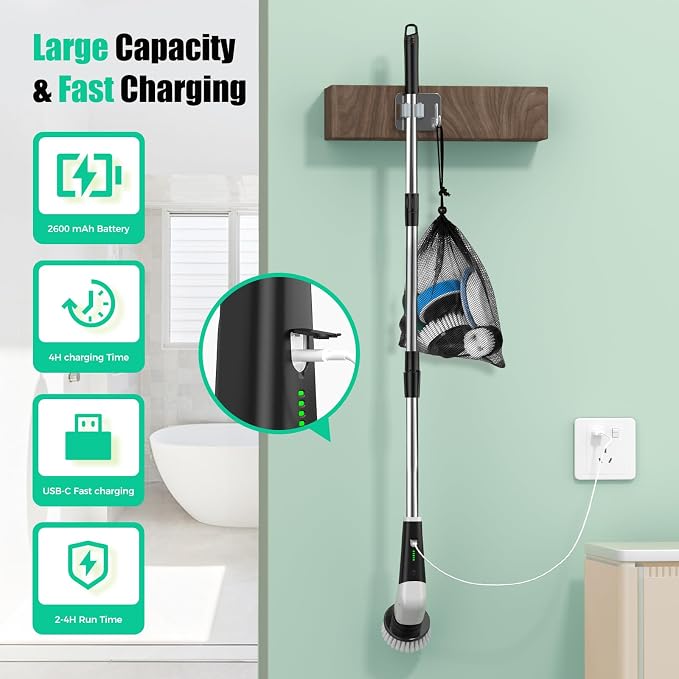 YKYI Electric Spin Scrubber, Cordless Power Cleaning Brush with Long Handle | 8 Brush Heads, 3 Handle Lengths, 2 Speeds, IPX7 Waterproof, 100-Minute Runtime for Tubs, Tile, Floors, Grout, Glass and Cars