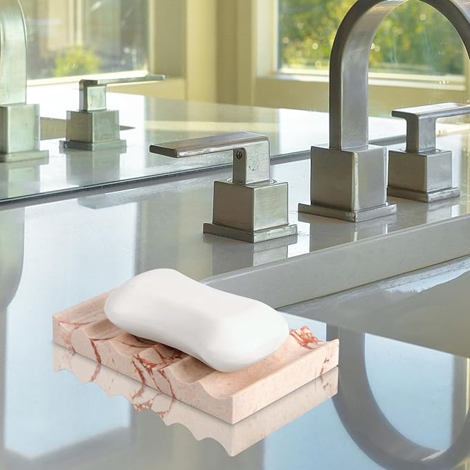 Luxury Marble Soap Dish Tray,Rectangle Stone Marble Soap Tray,Self Draining Soap Holder for Bathroom, Kitchen (Pink)