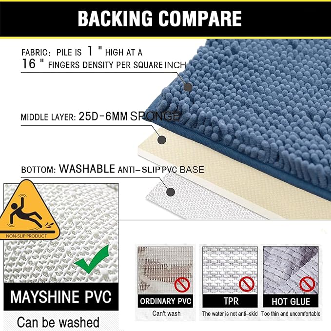 Bathroom Rugs Chenille 3-Piece Extra Soft and Absorbent Shag Bathroom Rugs, Machine Wash Mat, Strong PVC Non-Slip Underside, Plush Carpet Mats (Deep Blue)