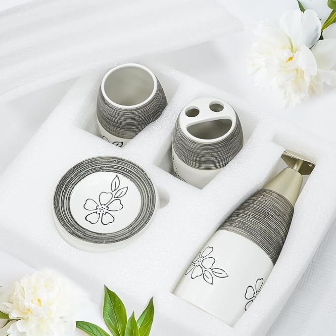 CERBIOR Bathroom Accessories Set,4 PCS Ceramic Bath Accessory,White Flower | Includes Toothbrush Holder, Toothbrush Cup, Soap Dish for Decorative Countertop and Housewarming Gift