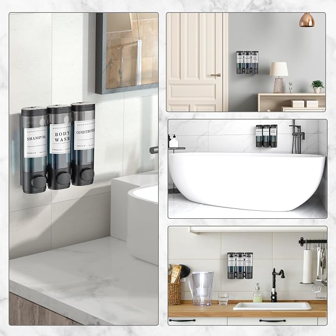 3 Chamber Wall-Mounted Shampoo and Conditioner Dispenser for Shower - No Drill, Large Capacity Soap Dispenser for Bathroom and Hotel, Black