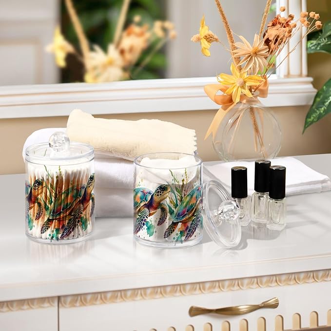 2 Pack Qtip Holder Dispenser for Cotton Ball, Swab, Round Pads - Turtle Watercolor Clear Plastic Acrylic Jar Set Bathroom Canister