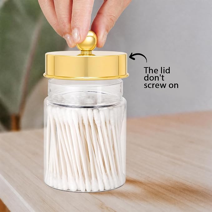 Amolliar Acrylic Apothecary Jar Bathroom Qtip Holder Gold 6 Pack | for Bathroom Storage Vanity , Countertop, Farmhouse Style, Holds Cotton Swabs, Dental Floss, Makeup Sponges,Gold Decor