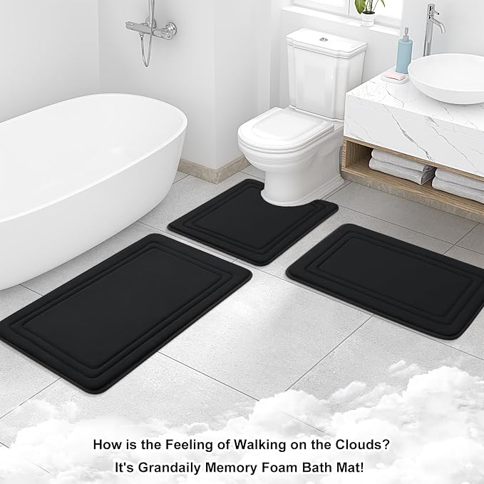 Grandaily Memory Foam Bath Mat Rug 47x24, Ultra Soft, Non-Slip and Absorbent Bathroom Rugs, Machine Wash Dry, Comfortable Bath Carpet for Bathroom Floor, Tub and Shower, Black