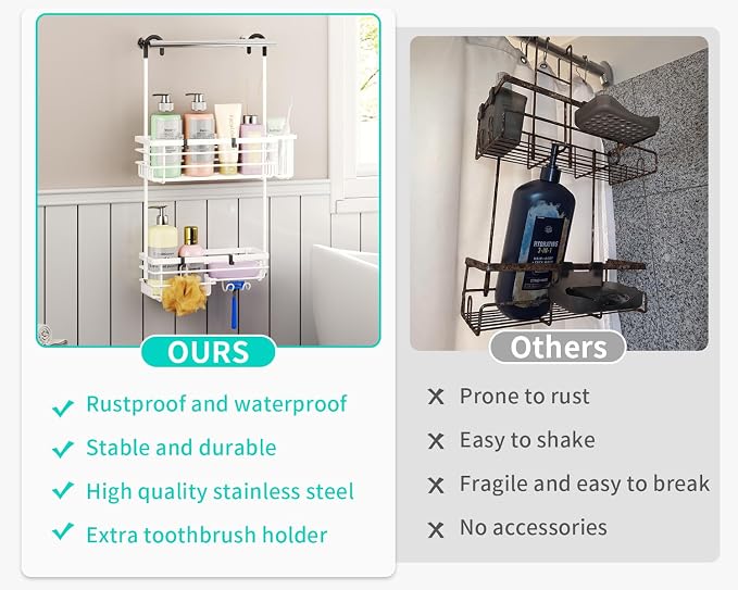 HapiRm Hanging Shower Caddy Organizer - No Drilling Shower Shelves with Hooks and Toothbrush Holder, Rustproof 304 Stainless Steel Bathroom Organizer - White