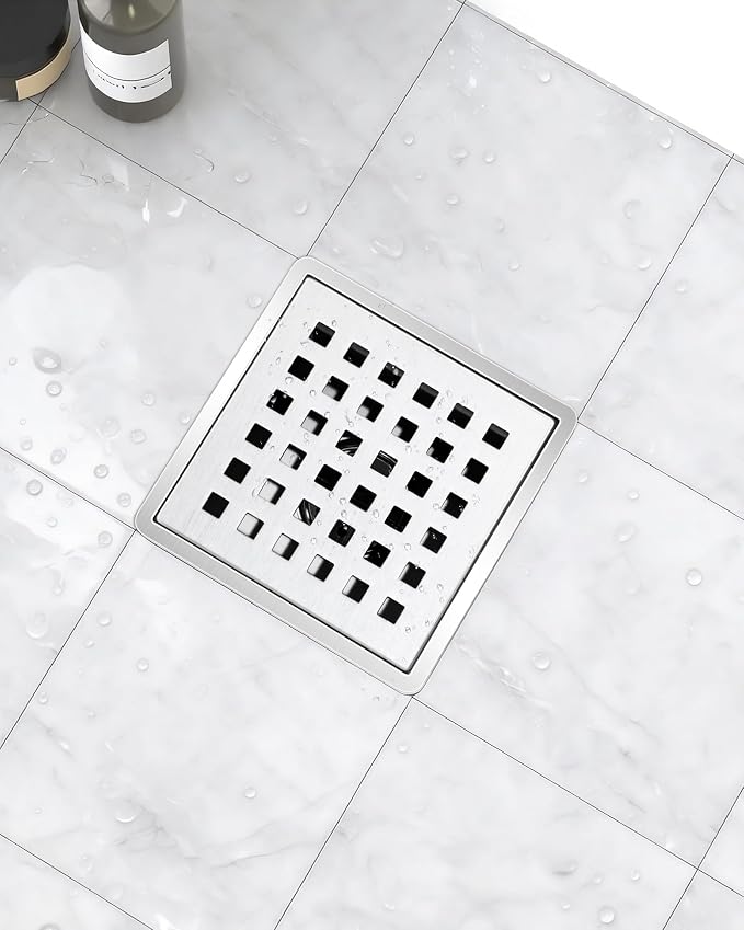 4 Inch Shower Drain, Modern 304 Stainless Steel Square Shower Drain for Bathroom, Brushed Nickel Shower Floor Drain with Grate Removable, Hair Strainer