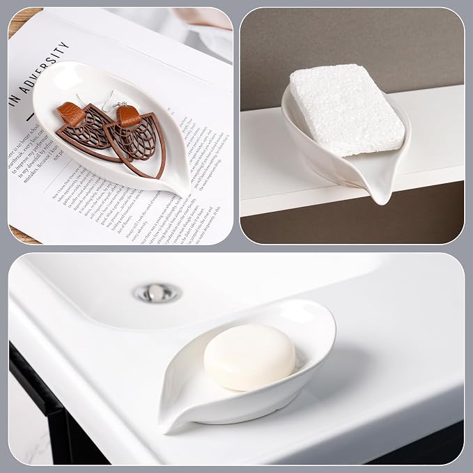 Soap Holder, Self-Draining Soap Dish, White Leaf Shape Ceramic Bar Soap Holder Drain Soap Dishes for Bathroom Sink Kitchen, Easy to Clean Keeps Soap Dry, ANTIS'S HOME