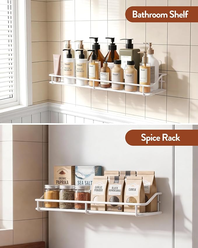 Orimade Bathroom Shelf Organizer Shower Caddy Storage Kitchen Rack with Traceless Transparent Adhesive No Drilling SUS304 Stainless Steel, 15.75inch, White