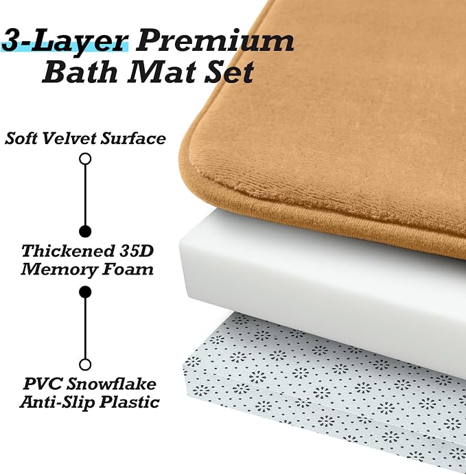 Bathroom Rugs Sets 3 Piece, Non-Slip & Quick Dry Bath Mat Set, Ultra Soft Velvet Bath Rugs for Bathroom, Toilet and Shower Floor, Khaki