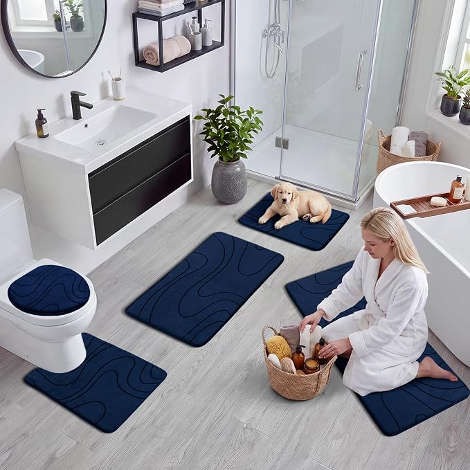 YIHOUSE Bathroom Rugs Sets 5 Piece - Thick Memory Foam Bath Mat, Dark Blue | Ultra Soft, Extra Thick, Super Absorbent, Non Slip, Machine Washable, For Bathroom Floor & Tub, 5 Pieces
