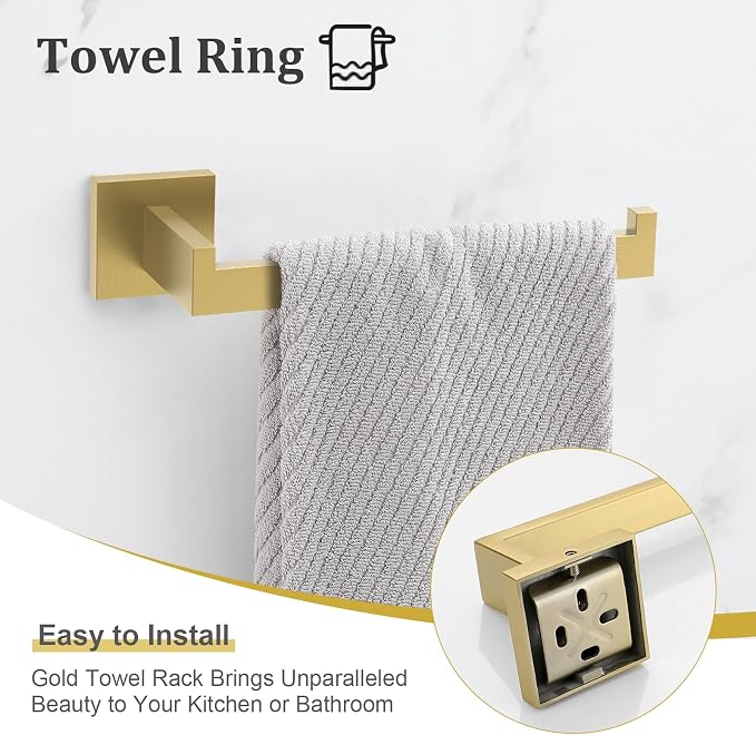 TURS Brushed Gold Bathroom Accessory Set 4-Pieces Bathroom Hardware Set Square Towel Bar Set Stainless Steel Towel Holder Set