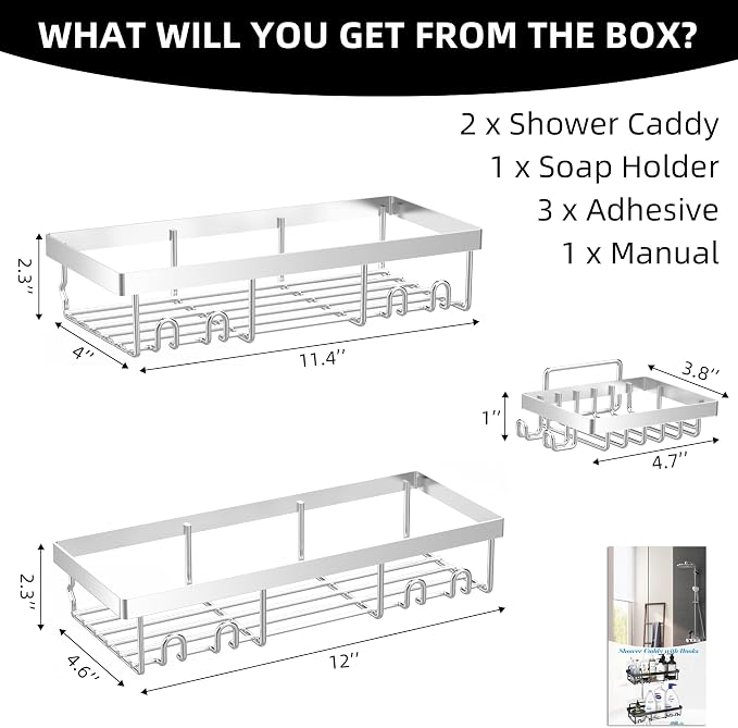 Moforoco 3-Pack Shower Caddy Basket Shelf with Soap Holder, No Drilling Traceless Adhesive Shower Wall Shelves, Rustproof Black Bathroom Shower Storage Organizer
