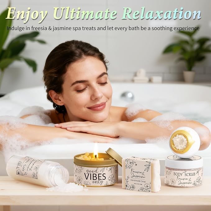 Spa Gifts Baskets for Women Bath Set Birthday Gifts for Women Self Care Kit | Freesia & Jasmine Spa Gifts Home Bath Relax Care Package, Christmas Thank You Gifts for Women Mom Her Friend Sister Teacher