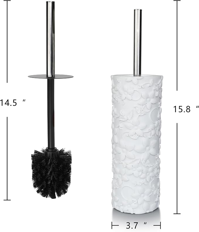 White Floral Design Resin Toilet Bowl Holder and Brush Set, Stylish Bathroom Cleaning Tool with Durable Bristles, Compact and Functional
