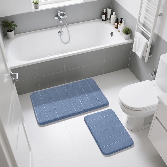 Yimobra Memory Foam Bathroom Rugs Sets 2 Piece - Super Soft Absorbent Quick Dry Bath Mat Set, Machine Washable Non Slip Floor Carpet for Tub Shower & Single Sink (17x24 & 31.5x20 Inch, Denim Blue)
