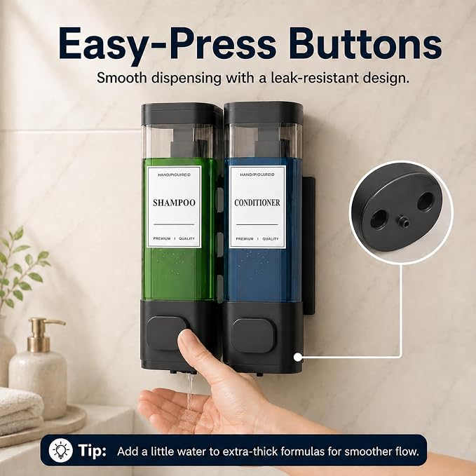Shampoo and Conditioner Dispenser – Wall-Mounted Shower Soap Dispenser, No-Drill Installation, Lockable, 900 ml Capacity,for Bathroom & Hotel or Airbnb (Black, 2-Pack)