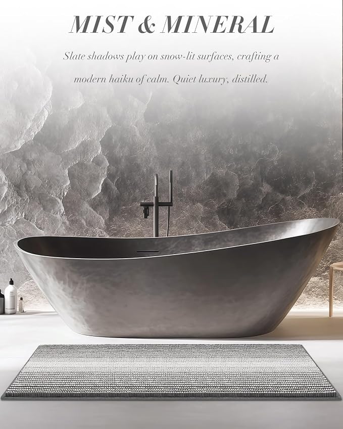 Large Chenille Bathroom Rugs, 24x43 Striped Bath Mats, Grey | Non Slip Backing, Extra Soft Absorbent, Quick Dry Machine Washable, Shower Rug for Bathroom Floor, Tub, Bedroom Decor