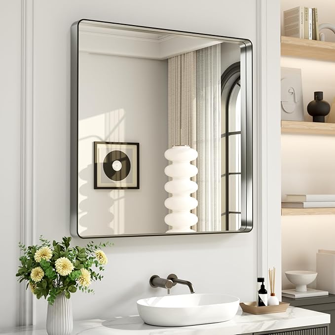 LOAAO 36X36 Inch Brushed Nickel Bathroom Mirror, Rounded Rectangle Silver Metal Frame Mirror, Brushed Nickel, Anti-Rust, Shatter Proof, Hangs Horizontally or Vertically | Rounded Rectangle, Silver Metal Frame, Anti-Rust, Tempered Glass, Hangs Horizonta...