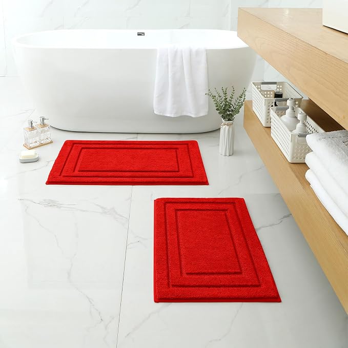 HOMEIDEAS Bathroom Rugs Sets 2 Piece, Super Soft Non Slip Bath Mat Red | Ultra Absorbent, Microfiber Machine Washable Bath Rug Set, for Bathroom, Tub, Shower 20" x 32" + 16" x 24"