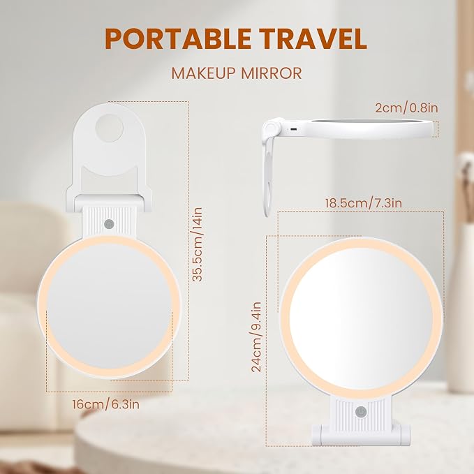 Makeup Mirror with Light, 1X/30X, 3 Colors, Rechargeable 2000mAh | Double-Sided Mirror with Adjustable Brightness for Vanity Tables, Bathrooms, Makeup, Skincare, and Grooming, Grey