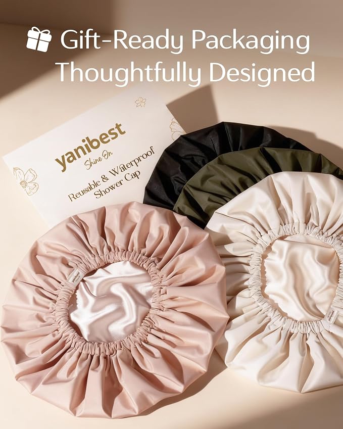 Yanibest Satin Lined Shower Cap for Women Reusable Waterproof, Frizz Free & Large Bath Cap with Soft Elastic Band, Luxury Hair Protection Caps (Green)
