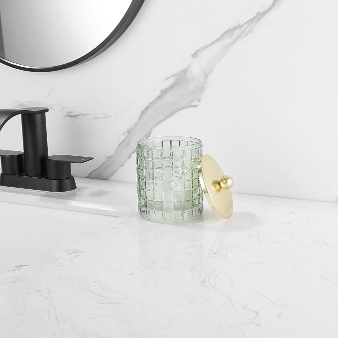Sage Colored Tranlucent Apothecary Etched Geometric Grid Glass Jar W/Gold Metal Lid Cover for Bathroom Organization, Cotton Balls, Q Tips, and Small Accessories, Bathroom Storage