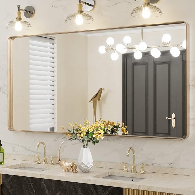 LOAAO 60”X30” Gold Bathroom Mirror, Rounded Rectangle Gold Frame Mirror, Brushed Gold Bathroom Vanity Mirror Wall-Mounted, Anti-Rust, Tempered Glass, Hangs Horizontally or Vertically | Rounded Rectangle, Brushed Gold Frame, Wall-Mounted, Anti-Rust, Tem...