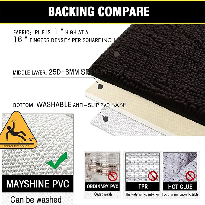 Bathroom Rugs Chenille 3-Piece Extra Soft and Absorbent Shag Bathroom Rugs, Machine Wash Mat, Strong PVC Non-Slip Underside, Plush Carpet Mats (Coffee)