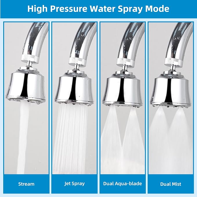 Hygie Rinse Kitchen Sink Faucet Head Replacement, 4 Spray Faucet Sprayer Attachment with Big Angle Swivel, 55/64-27UNS Famale Thread, Male Thread Adapter Included, Chrome