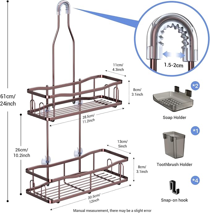 Hanging Shower Caddy Over Shower Head - No Drill Rustproof Shower Rack | Includes Soap Holder and Hooks for Shampoo, Conditioner, and Bathroom Essentials with Stable Storage in Any Shower Space