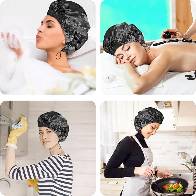 2 PCS Shower Cap Reusable Waterproof Double Layers Hair Caps Shower Bath Adjustable Elastic Hat for Women Girls Cute Aesthetic-Bat