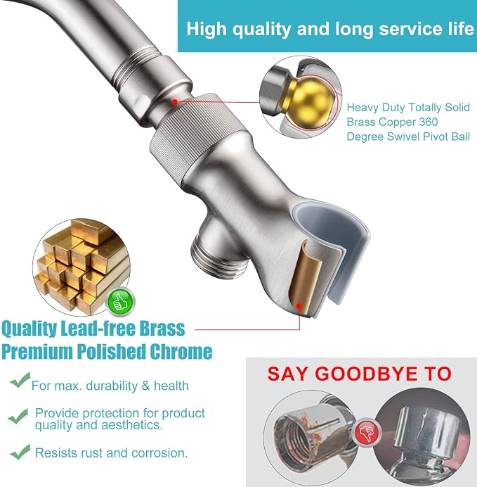 Brushed Nickel Metal Shower Head Holder - Adjustable Mount for Connecting Shower Arm and Hose, Wand Bracket with Swivel Ball Connector