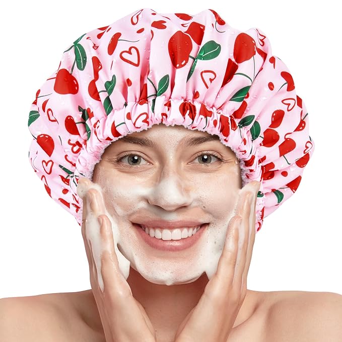 Shower Cap for Women Terry Lined Bath Cap Large Reusable Waterproof Elastic Band Pink Cherry Shower Caps for Long Thick Hair Soft Bath Shower Hair Caps