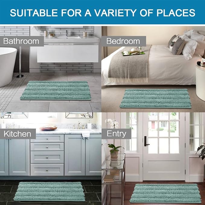 H.VERSAILTEX Bathroom Rugs Bath Rugs for Bathroom Non Slip Bath Mats Extra Thick Chenille Striped Rug 17" x 24" Absorbent Soft Shaggy Washable Dry Fast Bath Mats for Bath Room Floor - Eggshell Blue