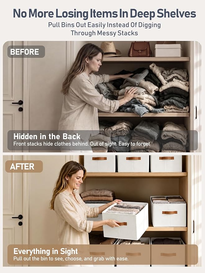 6 Pack Large Closet Storage Baskets Bins for Shelves, Collapsible Fabric Closet Organizers and Storage with Polyester Handles, Decorative Baskets for Organizing Clothes, Towels, Linen Closet 14"x10"