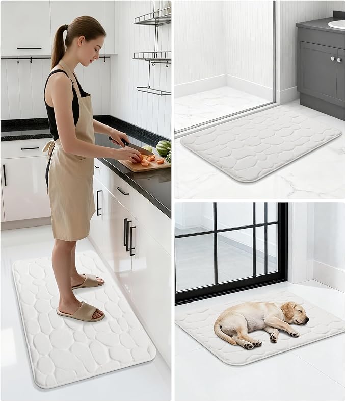YIHOUSE Memory Foam Runner Rug, Cobblestone Bathroom Runner Rugs Super Water Absorbent Bath Mats for Bathroom Machine Washable Bath Rugs for Hallway Bedroom Laundry Room(20 x 47,White)